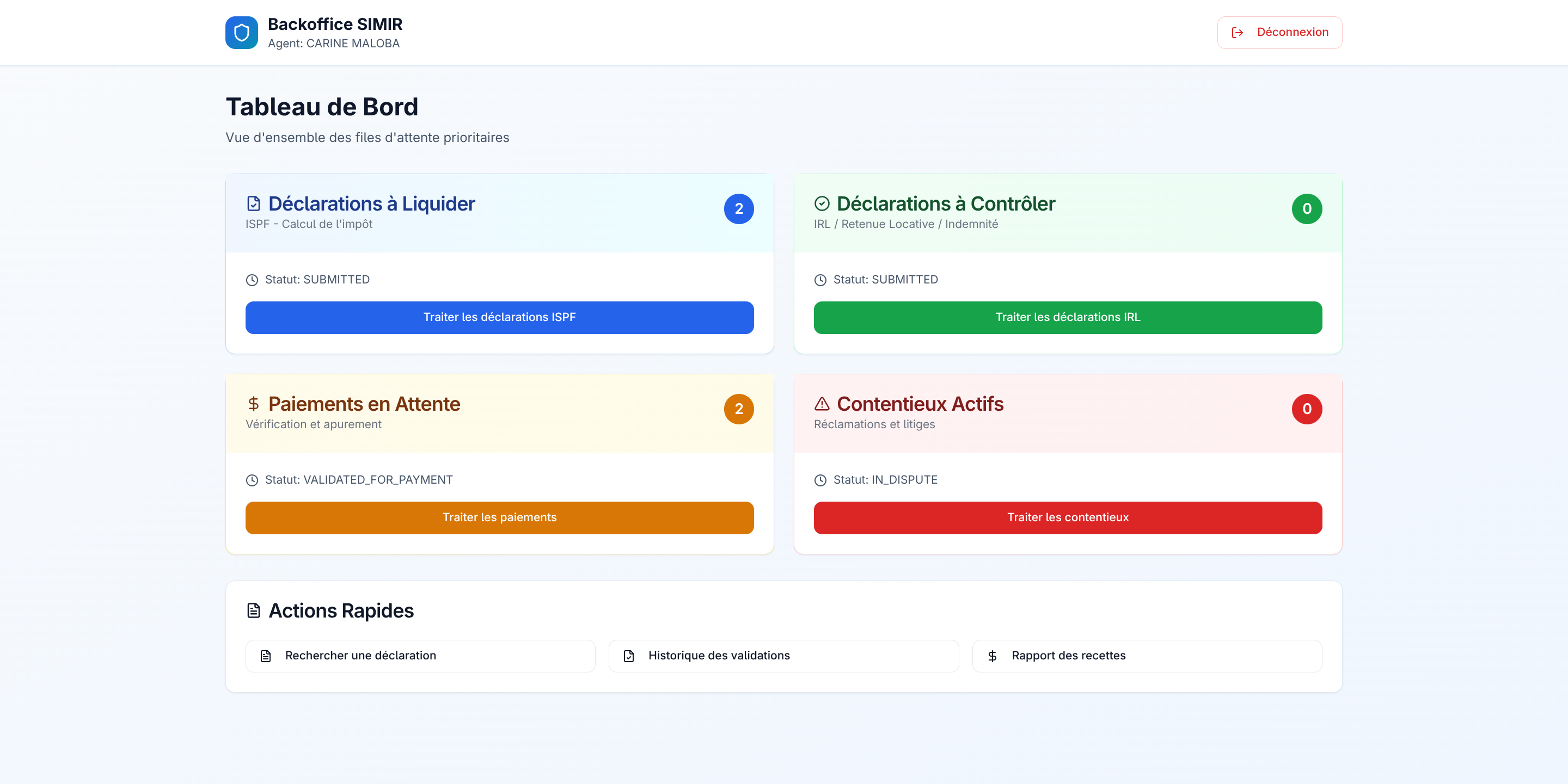 Tableau de bord Back-Office avec statistiques et tâches